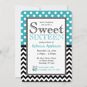 Polka Dot Turquoise & Chevron Sweet Sixteen Invitation