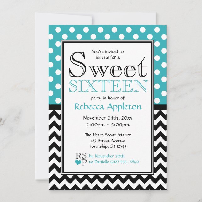 Polka Dot Turquoise & Chevron Sweet Sixteen Invitation (Front)