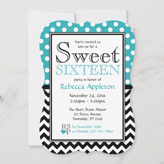 Polka Dot Turquoise & Chevron Sweet Sixteen Invitation (Front)