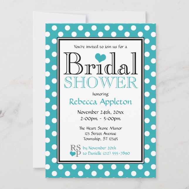 Polka Dot Turquoise Heart Bridal Shower Invitation (Front)