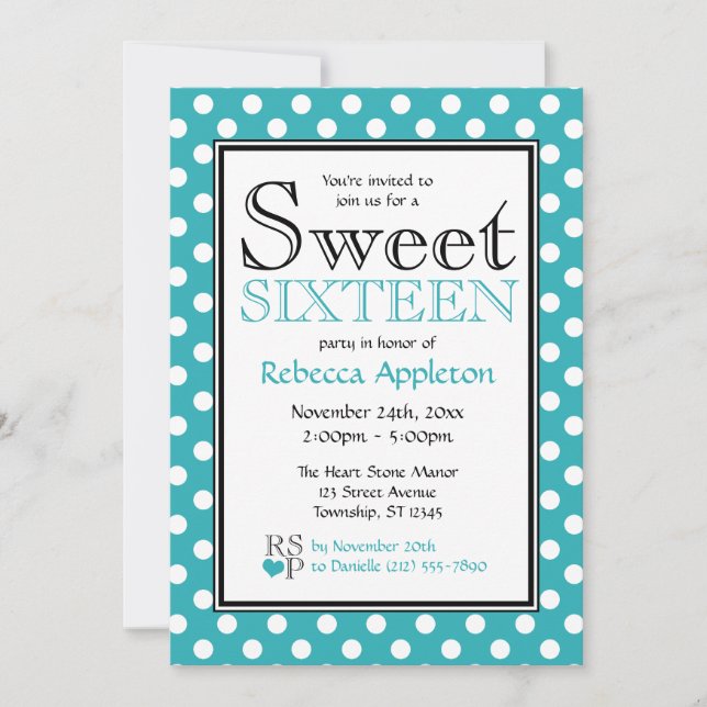 Polka Dot Turquoise White Sweet Sixteen Invitation (Front)