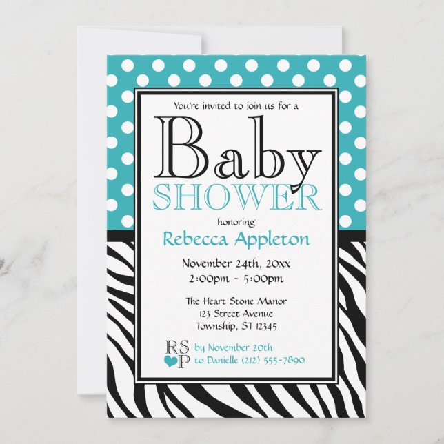 Polka Dot Turquoise & Zebra Print Baby Shower Invitation (Front)