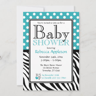 Polka Dot Turquoise & Zebra Print Baby Shower Invitation