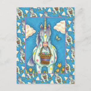 POLKA DOT UNICORN AND EASTER EGG BASKET, FANTASY HOLIDAY POSTCARD