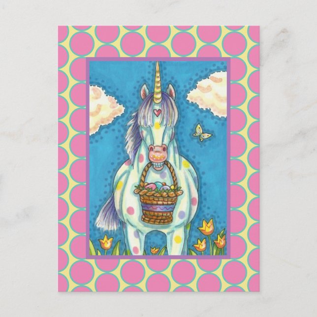 POLKA DOT UNICORN AND EASTER EGG BASKET, FANTASY HOLIDAY POSTCARD (Front)