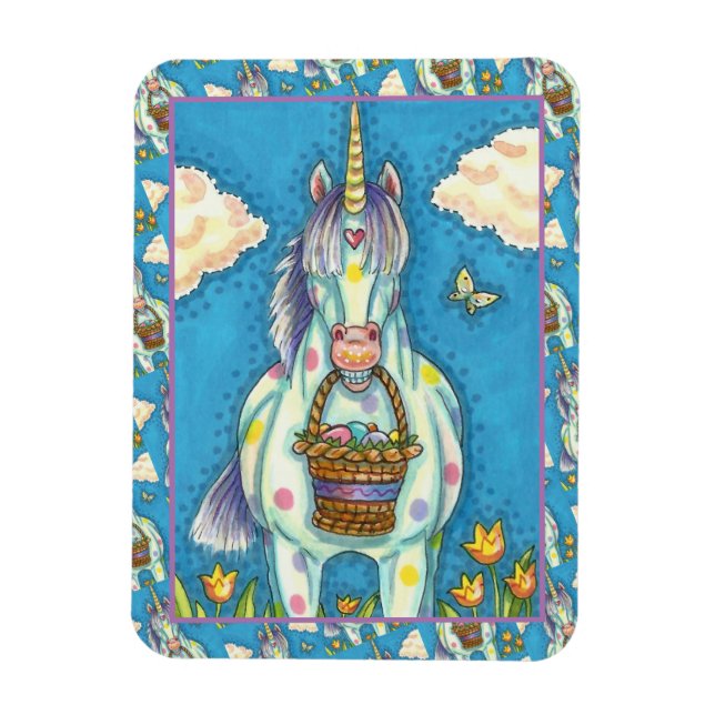 POLKA DOT UNICORN AND EASTER EGG BASKET, FANTASY MAGNET (Vertical)