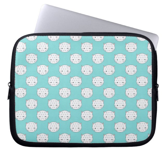 Polka Dot White Kitty Face over Teal Laptop Sleeve (Front)