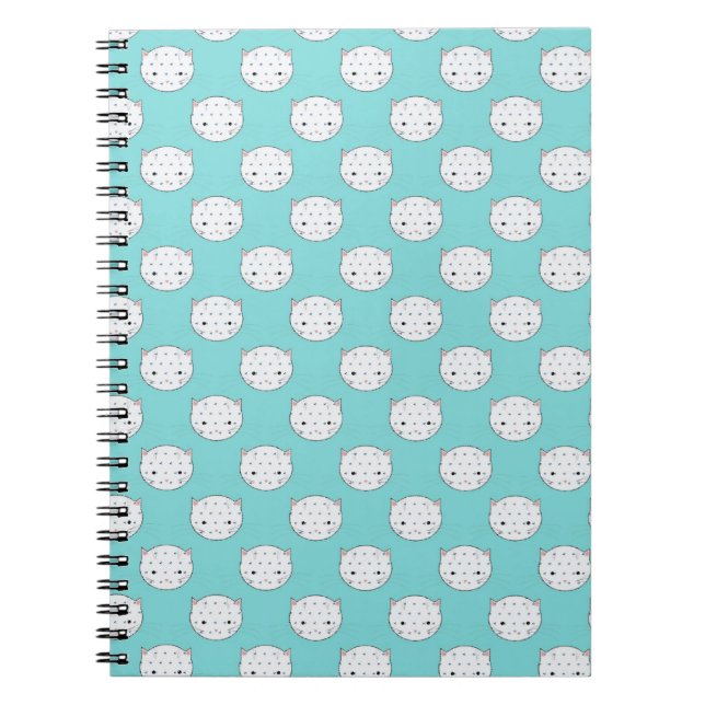 Polka Dot White Kitty Face over Teal Spiral Notebook (Front)
