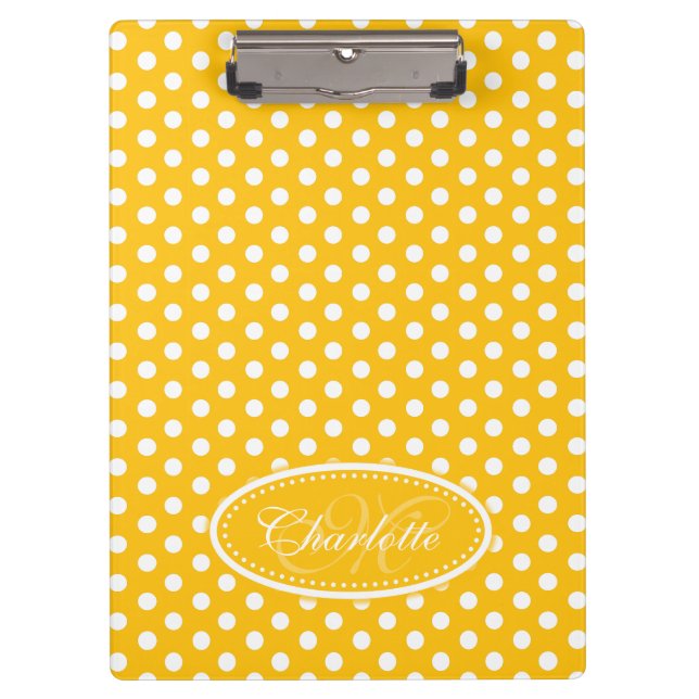 Polka dot yellow custom name and initial clipboard (Front)