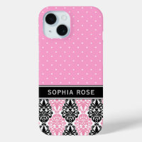 Polka Dots and Damask Pink Black Custom Name