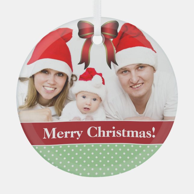 Polka Dots and Red Bow Custom Photo Christmas Glass Tree Decoration (Front)