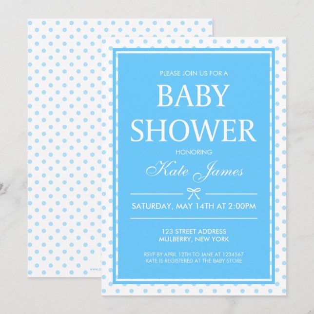 Polka Dots and Ribbon Blue Baby Shower Invitation (Front/Back)
