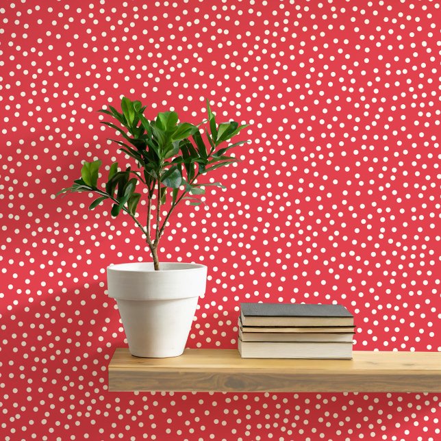 Polka Dots and Spots Cream on Red Wallpaper (Pretty polka dots and spots pattern peel and stick wallpaper in cream and rich festive red)