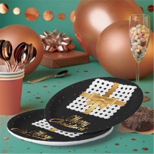 Polka Dots Black and white Christmas Golden Ribbon Paper Plate