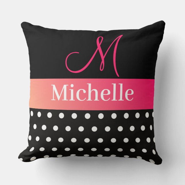 Polka Dots Black White Pink Monogram Script  Cushion (Front)
