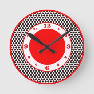 Polka Dots- Black, White & Red Round Clock