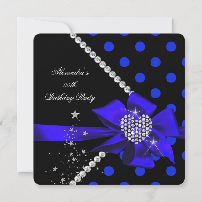 Polka Dots Blue Heart Jewel Gems Black Birthday Invitation (Front)