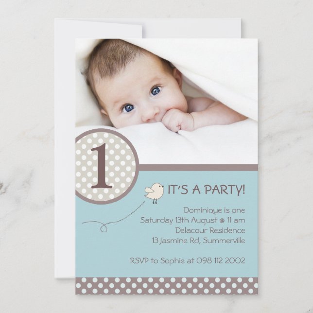 Polka Dots Blue Kids Photo Birthday Invitation (Front)