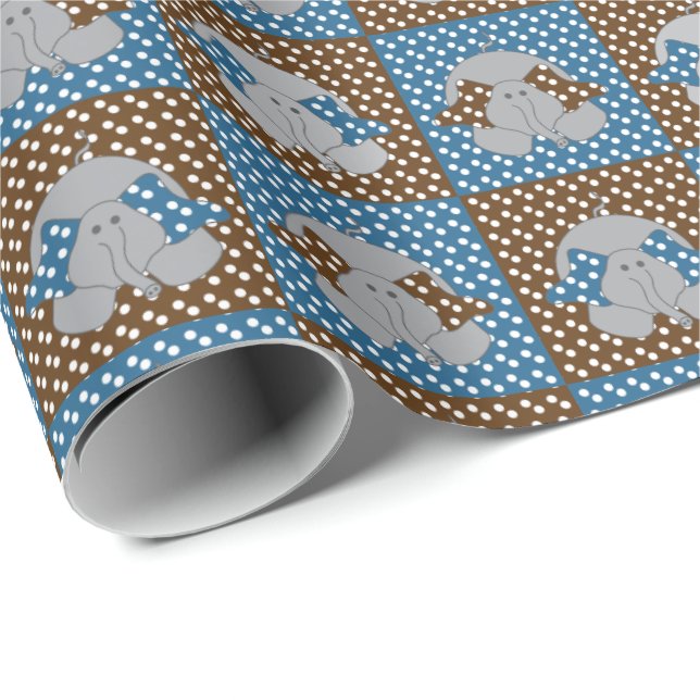 Polka Dots Brown and Blue Elephants Wrapping Paper (Roll Corner)