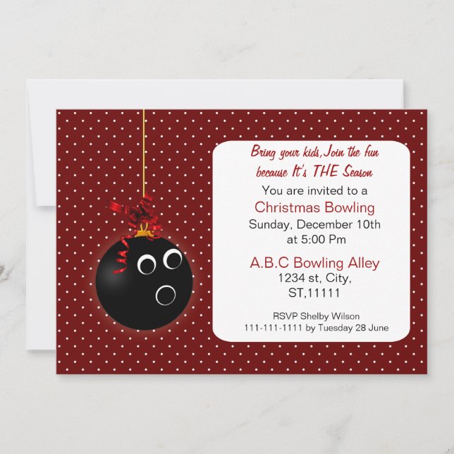 Polka Dots cute Red Christmas Bowling Invitations (Front)