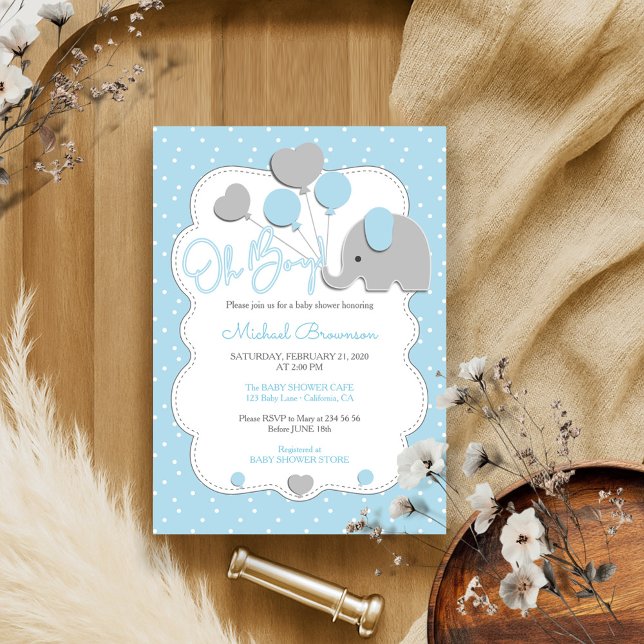 Polka Dots Elephant Oh Boy Blue Balloons Invitation (Creator Uploaded)