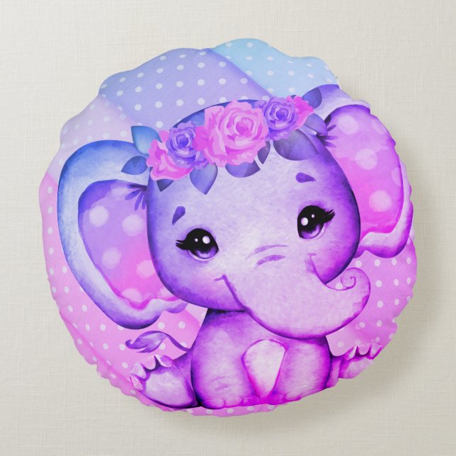 Polka-dots Floral Crown Elephant Round Pillow (Back)