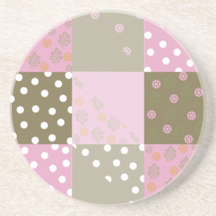 Polka Dots Flowers Brown Pink Quilt Coaster
