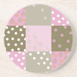 Polka Dots Flowers Brown Pink Quilt Coaster