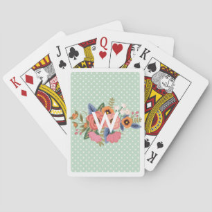 Polka Dots Green Pastel Flowers Monogram Playing Cards