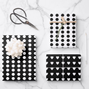 Polka dots hearts white black  wrapping paper sheet