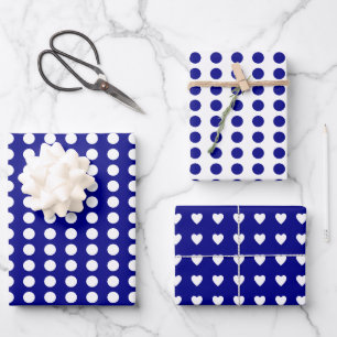 Polka dots hearts white navy wrapping paper sheet