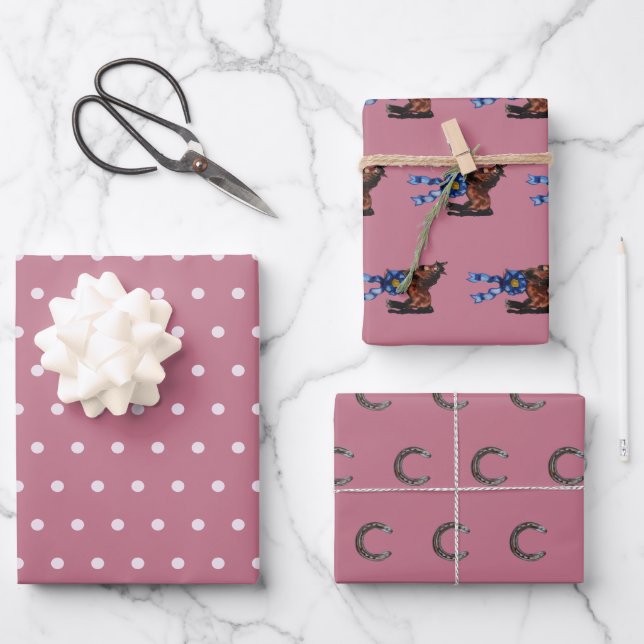 polka dots, horse/ blue ribbon. horse shoes pink wrapping paper sheet (Front)