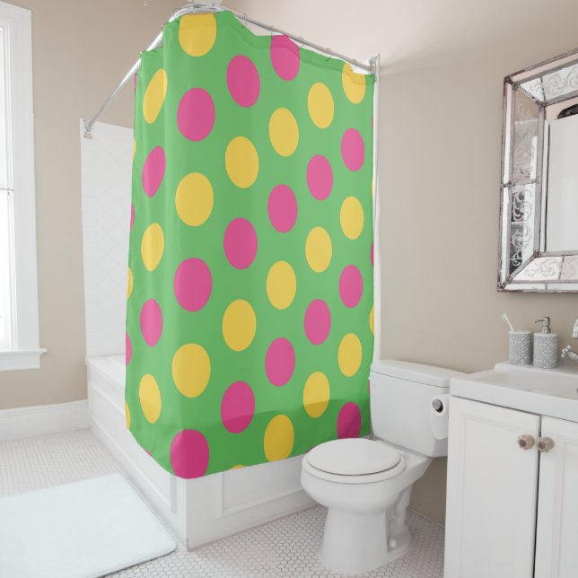 Polka Dots in Lime Green Hot Pink and Yellow Shower Curtain (In Situ)