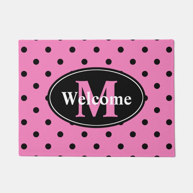 Polka Dots in Pink and Black Personalised Doormat (Front)