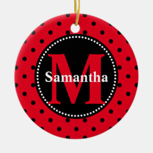 Polka Dots in Red and Black Personalised Ceramic Tree Decoration