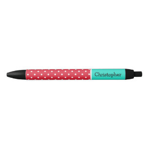 Polka Dots in Red and White And Teal Personalised Black Ink Pen