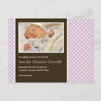Polka Dots Lilac/Brown • Baby Announcement Postcard
