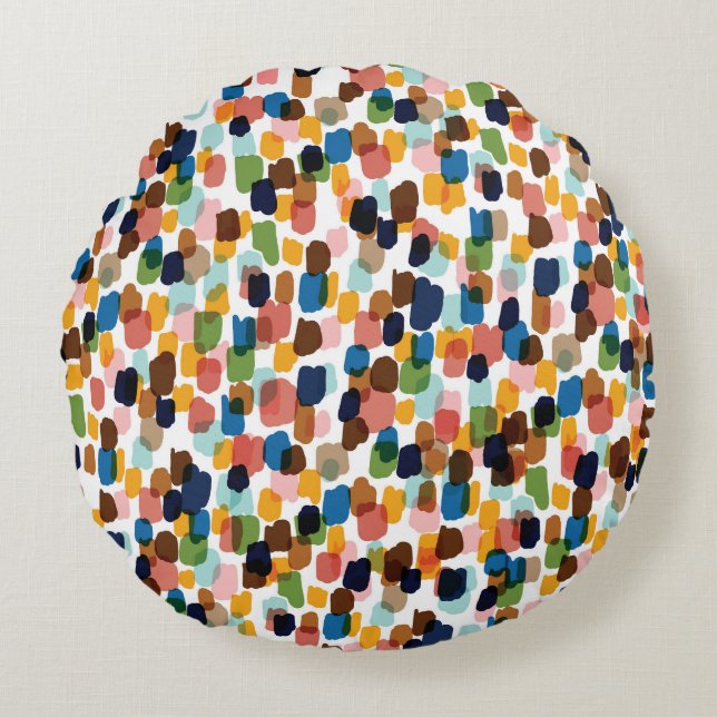 Polka Dots: Multicoloured Hand Paint. Round Cushion (Front)