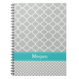 Polka Dots Pattern Aqua and Grey Custom Name Spiral Notebook