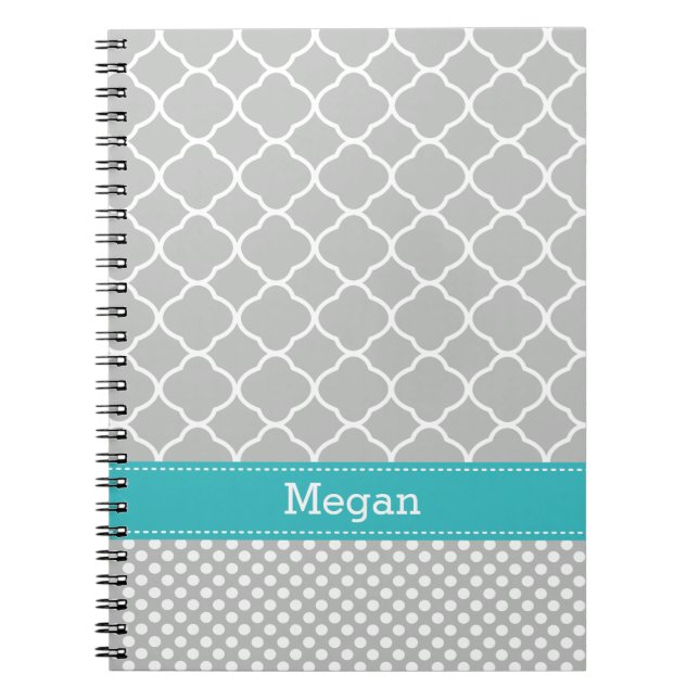 Polka Dots Pattern Aqua and Grey Custom Name Spiral Notebook (Front)