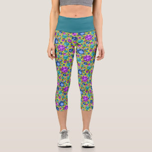Polka Dots Pattern in Pink Blue Teal -  Capri Leggings