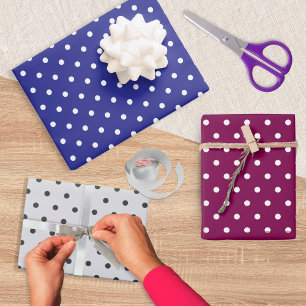 Polka Dots Pattern Set of 3 Blue Burgundy Grey Wrapping Paper Sheet