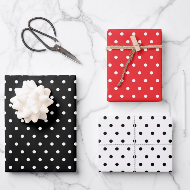 Polka Dots Pattern Set of 3 Red Black White Wrapping Paper Sheet (Front)