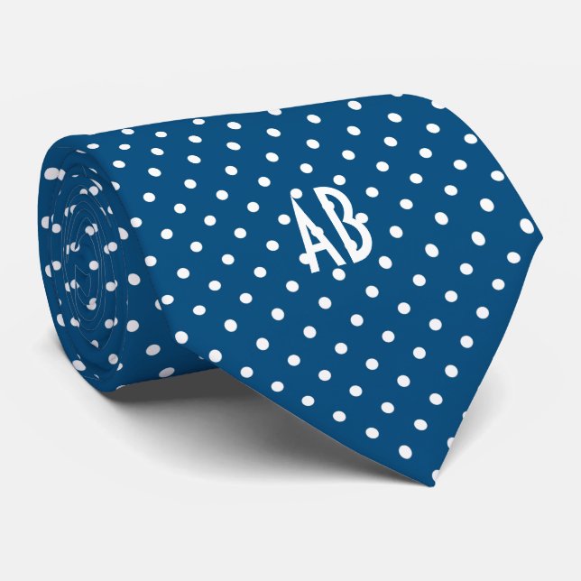 Polka Dots Pattern with Monogram (Dark Blue) Tie (Rolled)