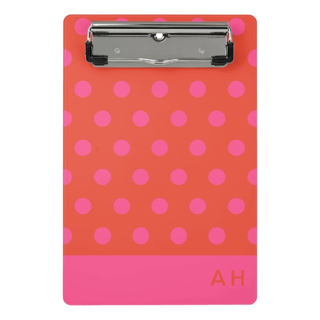 Polka Dots Pink and red Orange monogrammed Mini Clipboard (Front)