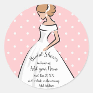Polka Dots Pink Bridal Shower White Wedding dress Classic Round Sticker