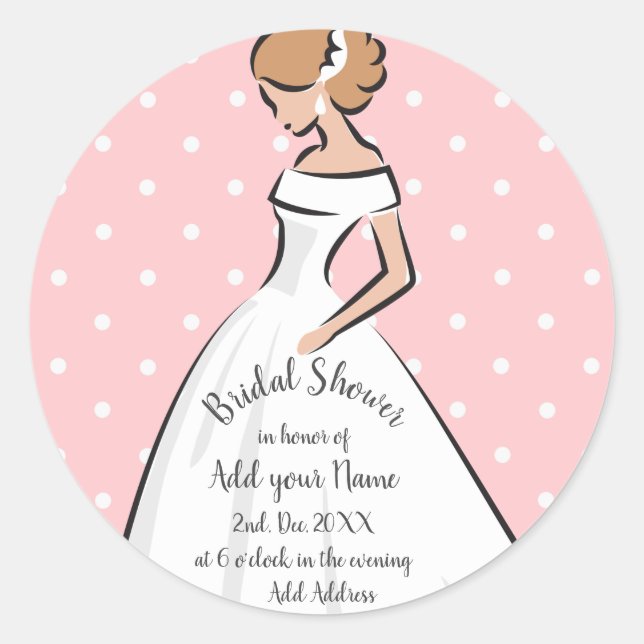 Polka Dots Pink Bridal Shower White Wedding dress Classic Round Sticker (Front)