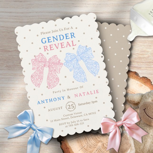 Polka Dots Pink Ribbon Blue Bow Tie Gender Reveal Invitation (Polka Dots Pink Ribbon Blue Bow Tie Gender Reveal Invitation )
