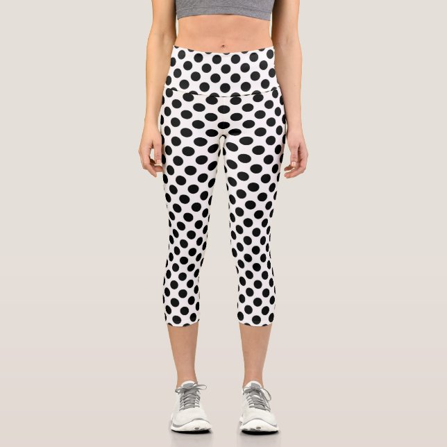 Polka Dots, Polka Dot Pattern, Black and White Capri Leggings (Front)