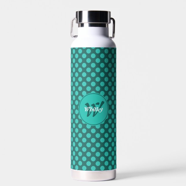 Polka Dots, Polka Dot Pattern Monogram Name Teal Water Bottle (Front)